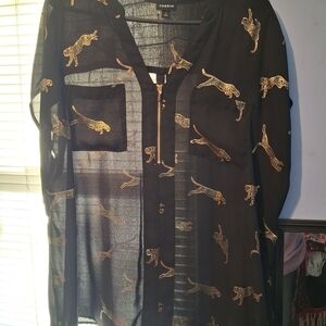 Torrid Black Sheer Shirt with Gold Leopard Print